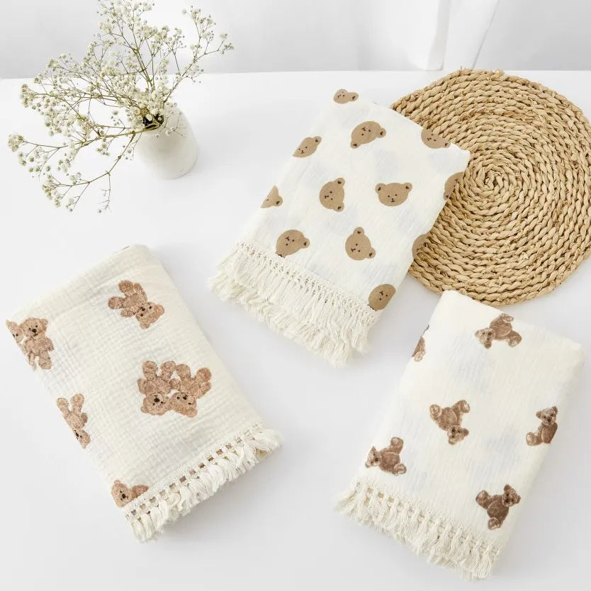 Organic Baby Blankets Muslin Swaddle For Newborn Fringe Double Layer