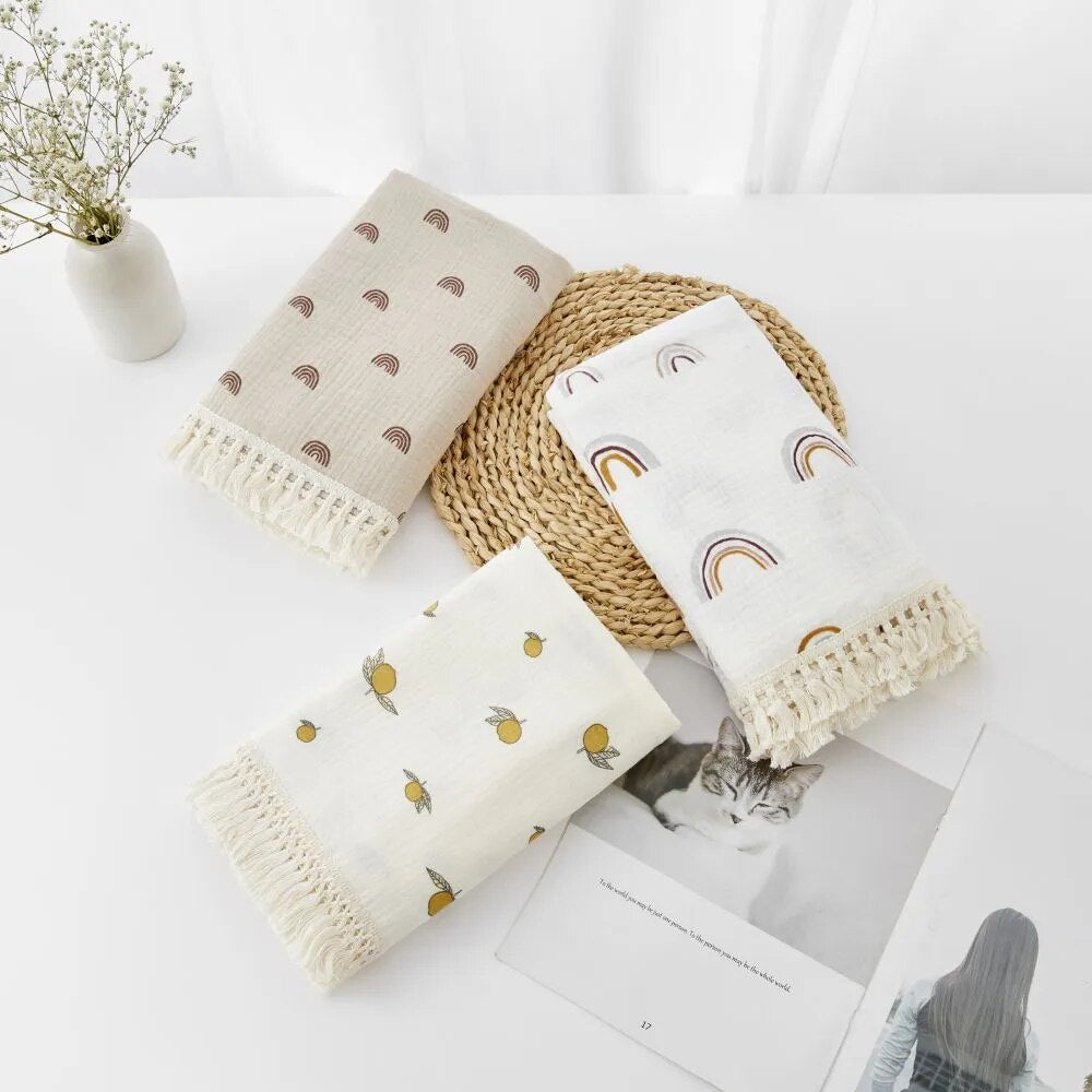Organic Baby Blankets Muslin Swaddle For Newborn Fringe Double Layer