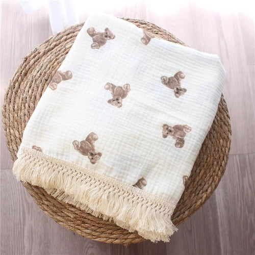 Organic Baby Blankets Muslin Swaddle For Newborn Fringe Double Layer