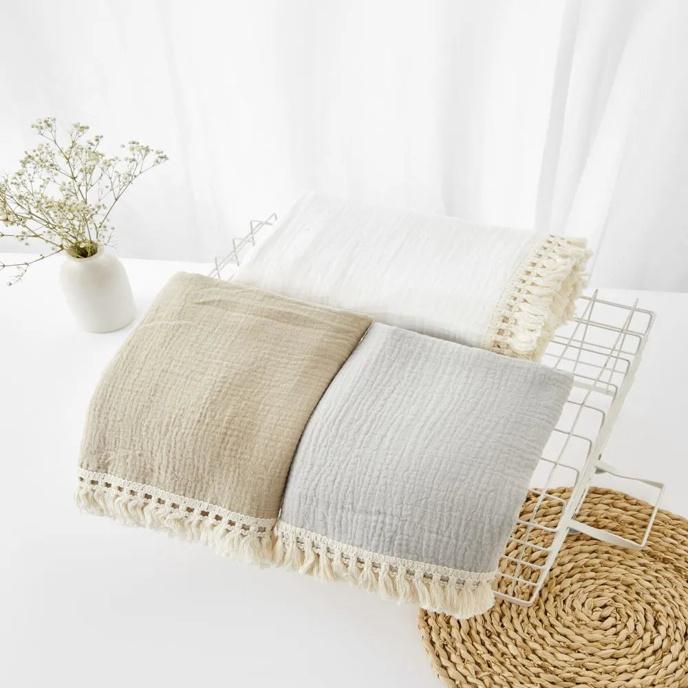 Organic Baby Blankets Muslin Swaddle For Newborn Fringe Double Layer