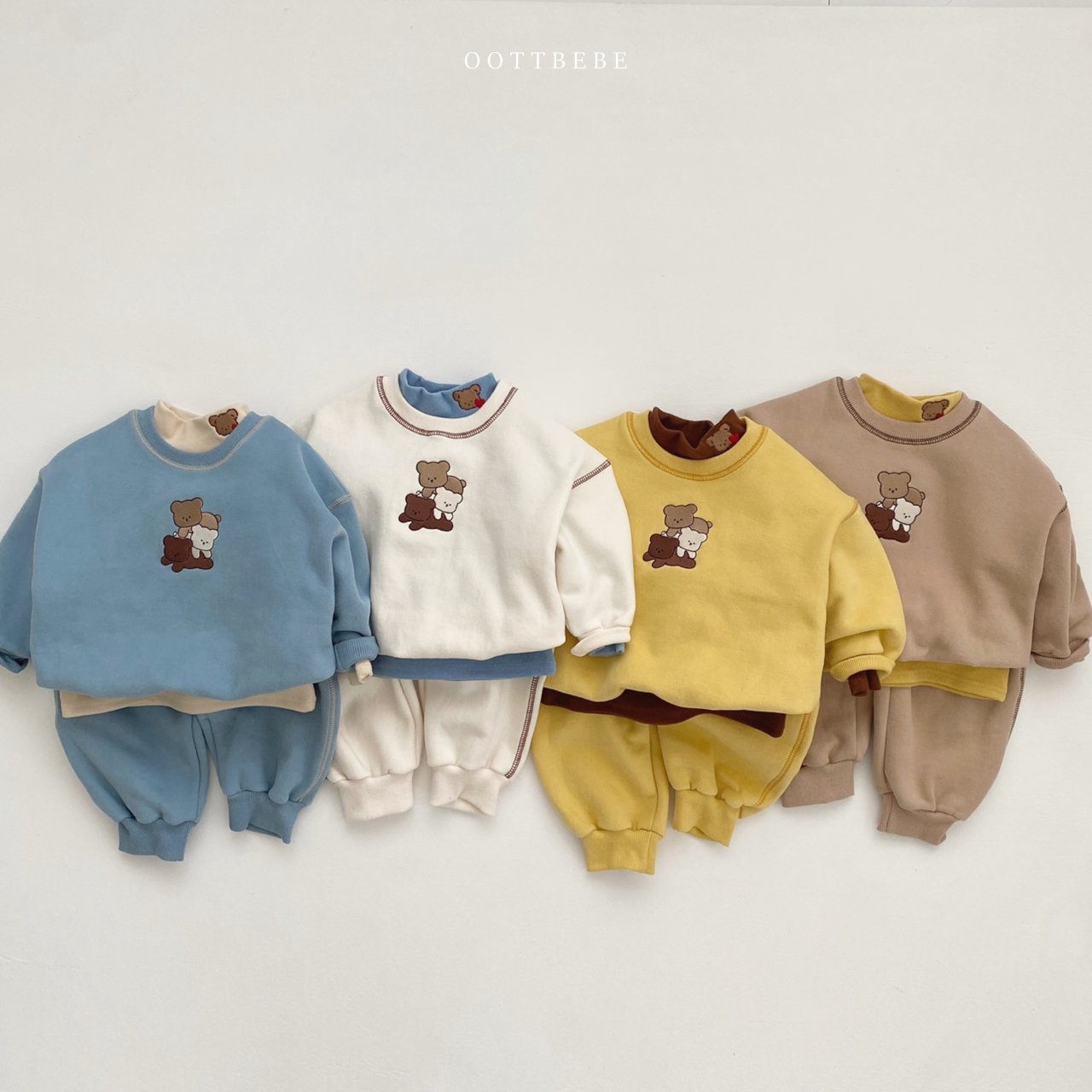 Baby Solid Color Bear Patched Design Hoodie Autumn Clothes Sets