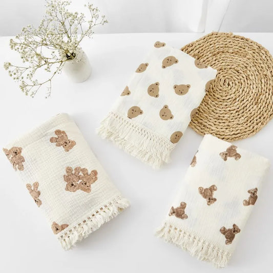 Organic Baby Blankets Muslin Swaddle For Newborn Fringe Double Layer