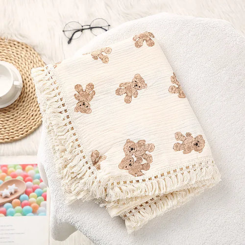 Organic Baby Blankets Muslin Swaddle For Newborn Fringe Double Layer