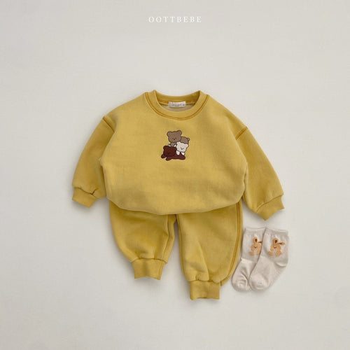 Baby Solid Color Bear Patched Design Hoodie Autumn Clothes Sets