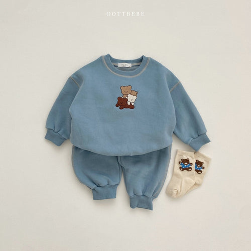 Baby Solid Color Bear Patched Design Hoodie Autumn Clothes Sets